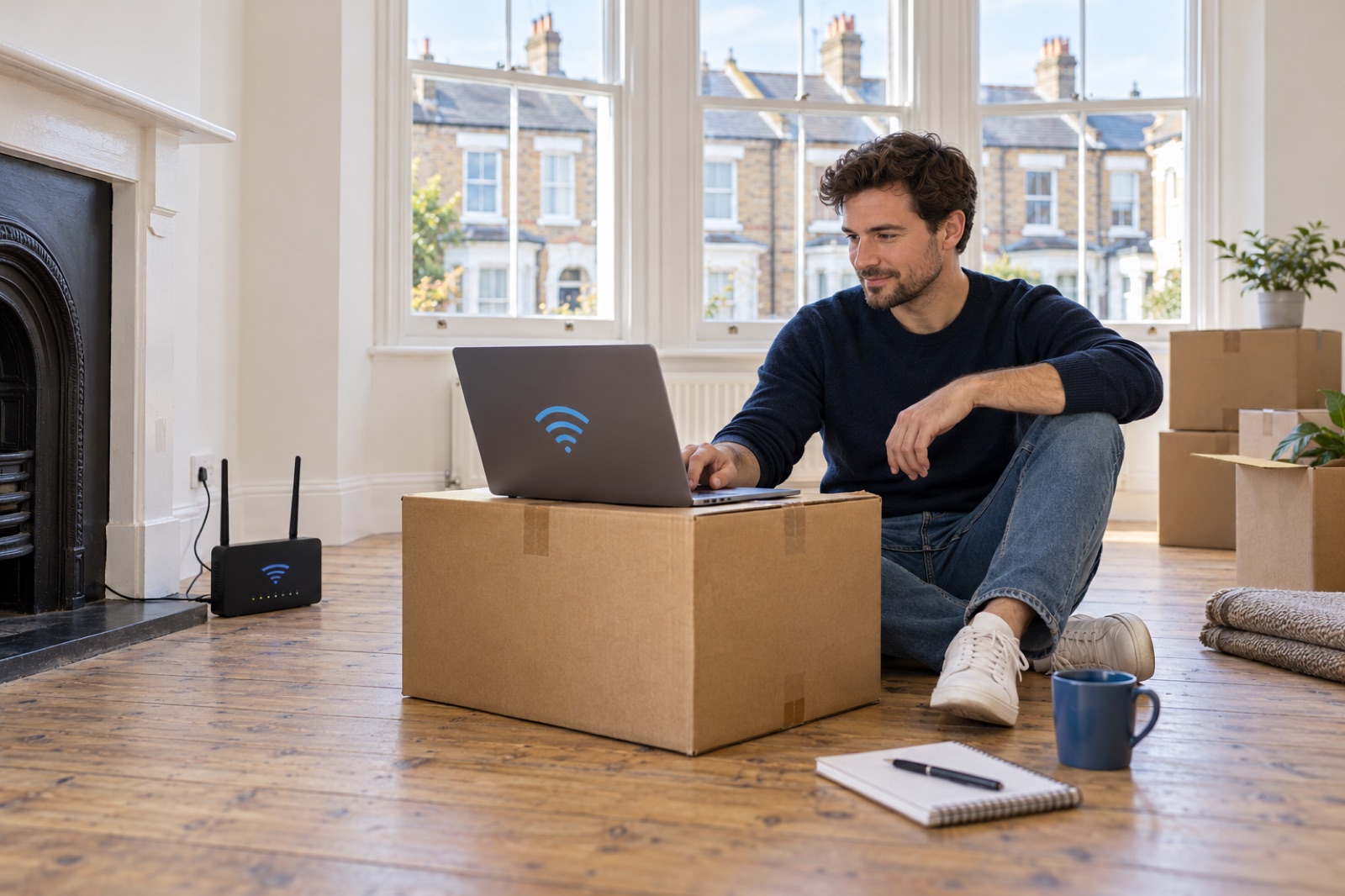 A homebuyer testing broadband equipment and a laptop among moving boxes