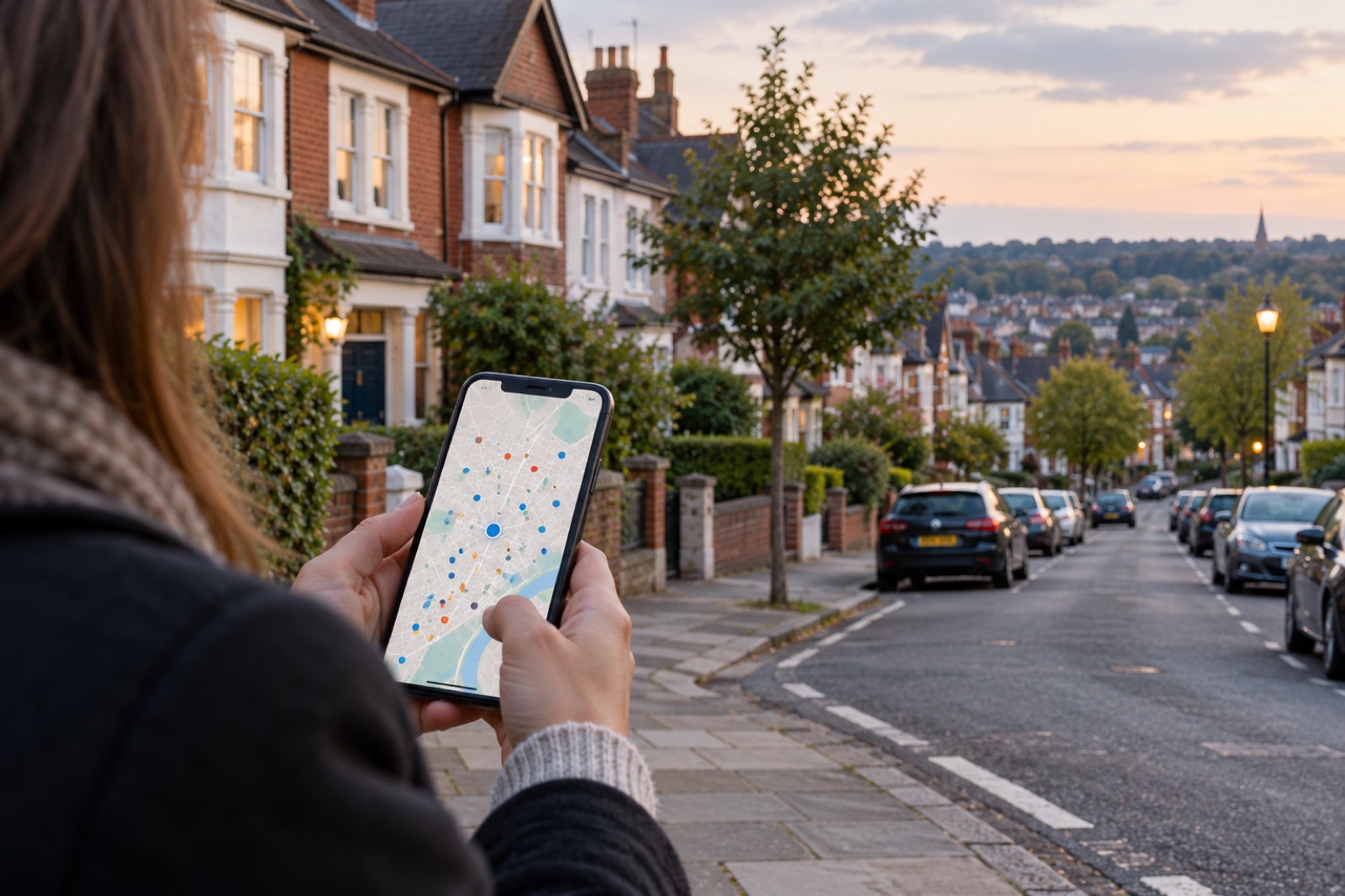 A homebuyer viewing an abstract crime map on a phone in a British residential street