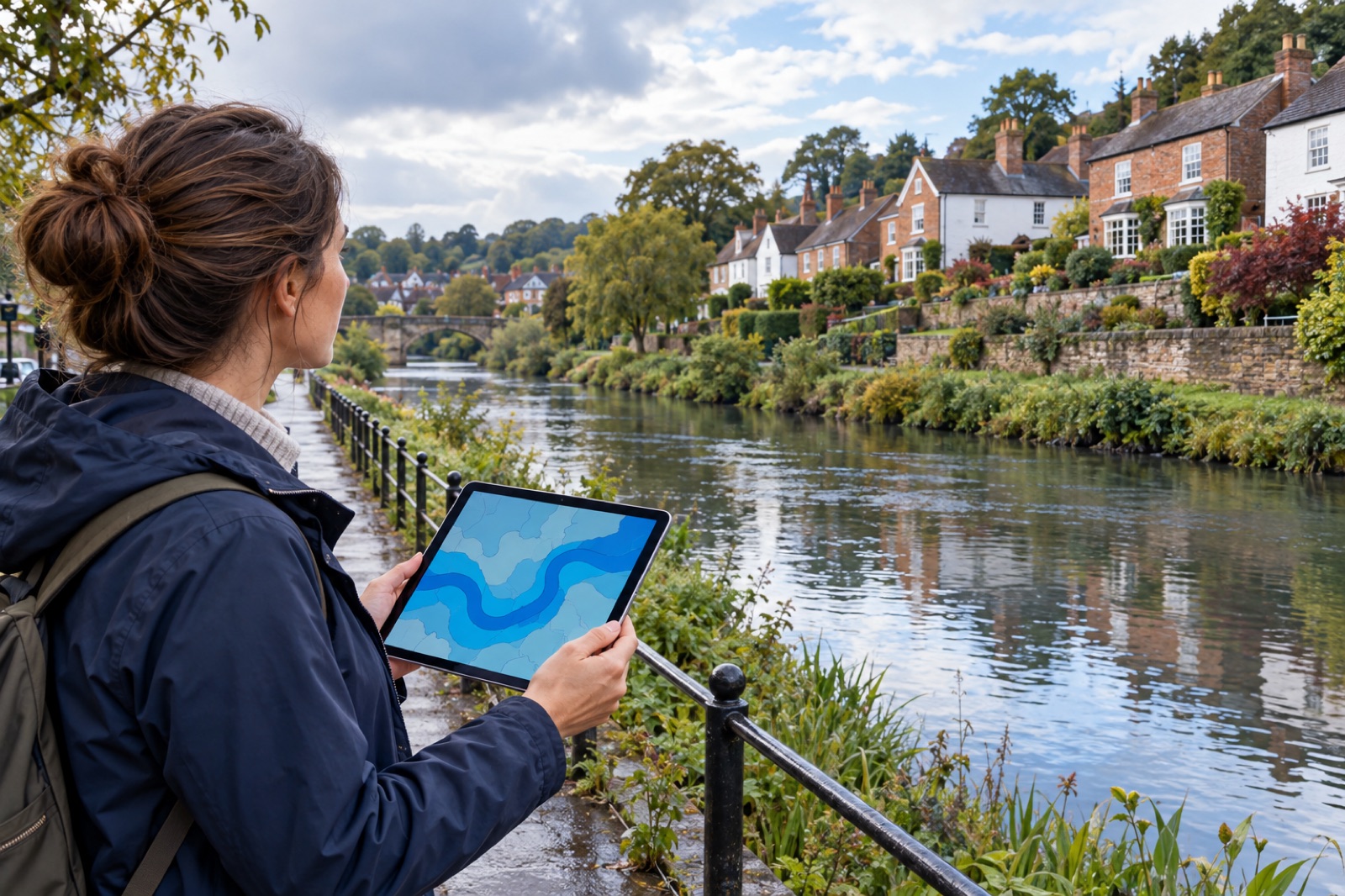 A homebuyer checking an abstract flood map beside a river and British houses