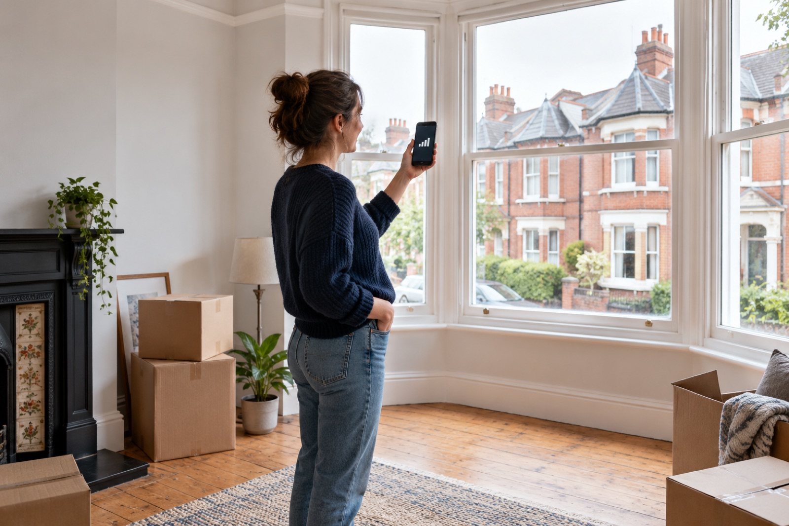A homebuyer testing mobile signal beside a bay window in an empty British house