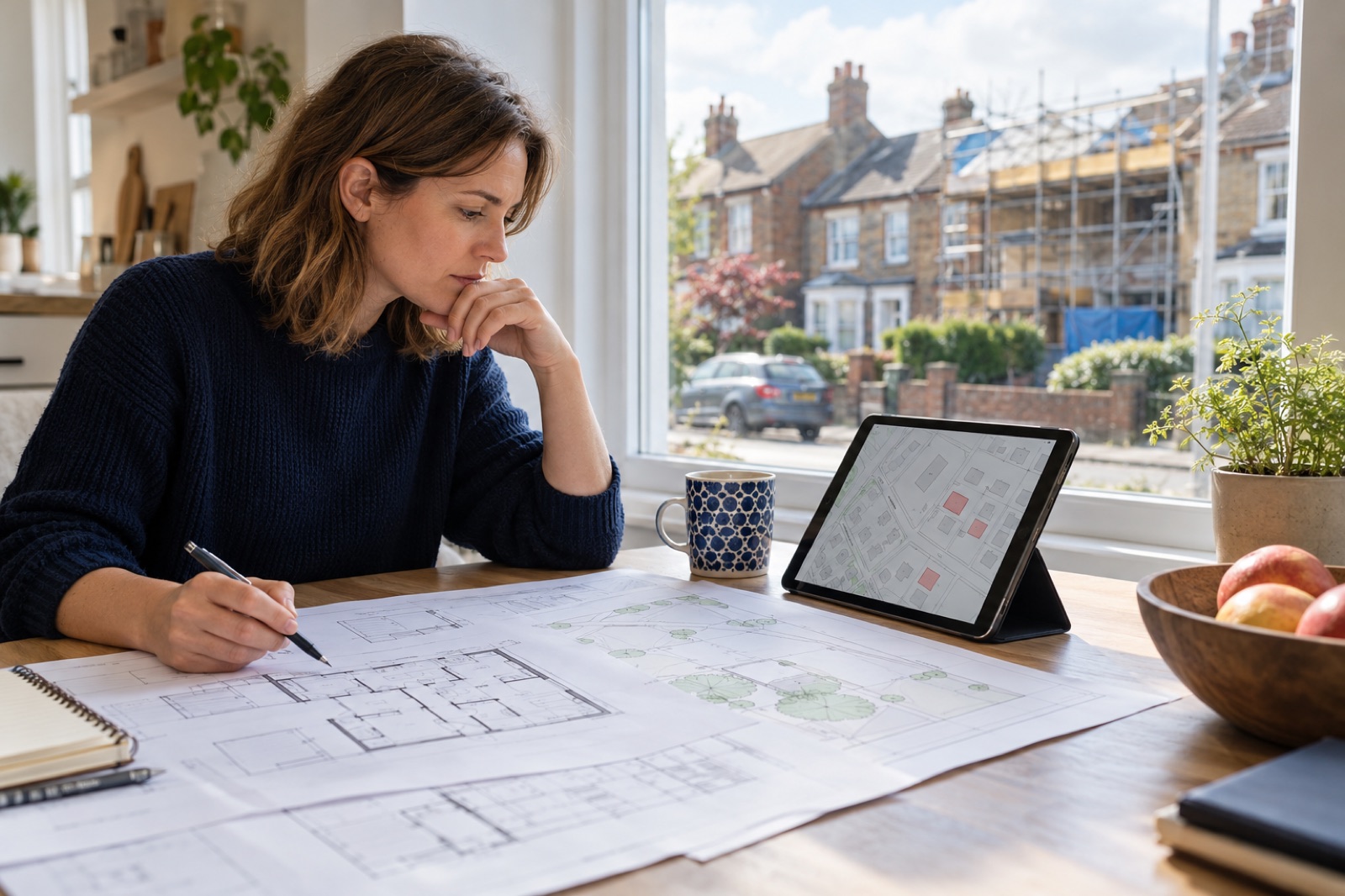 A homebuyer reviewing planning drawings and a map beside a British residential street