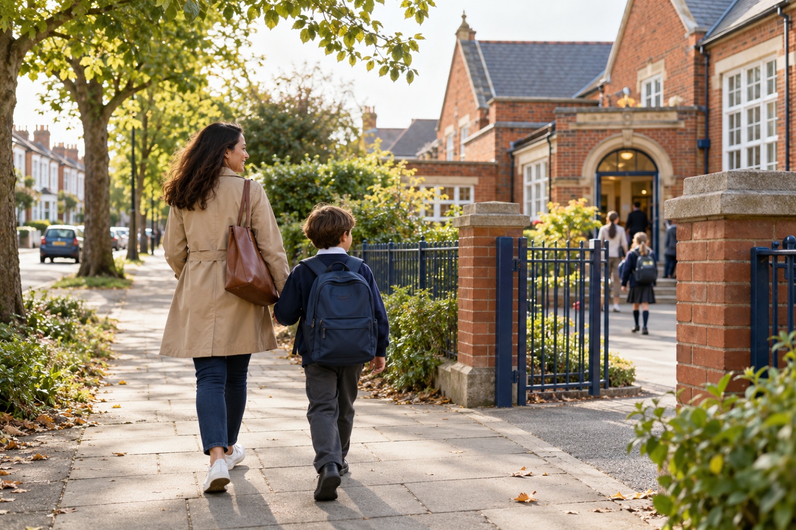 A parent and child walking towards a British primary school