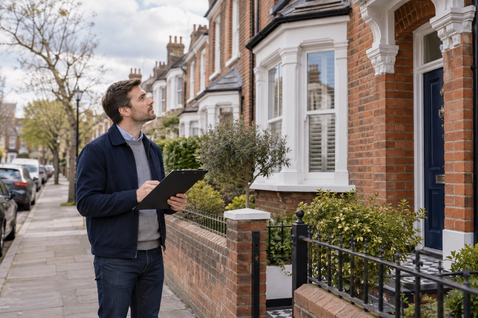 A prospective buyer inspecting a British terraced house with a clipboard