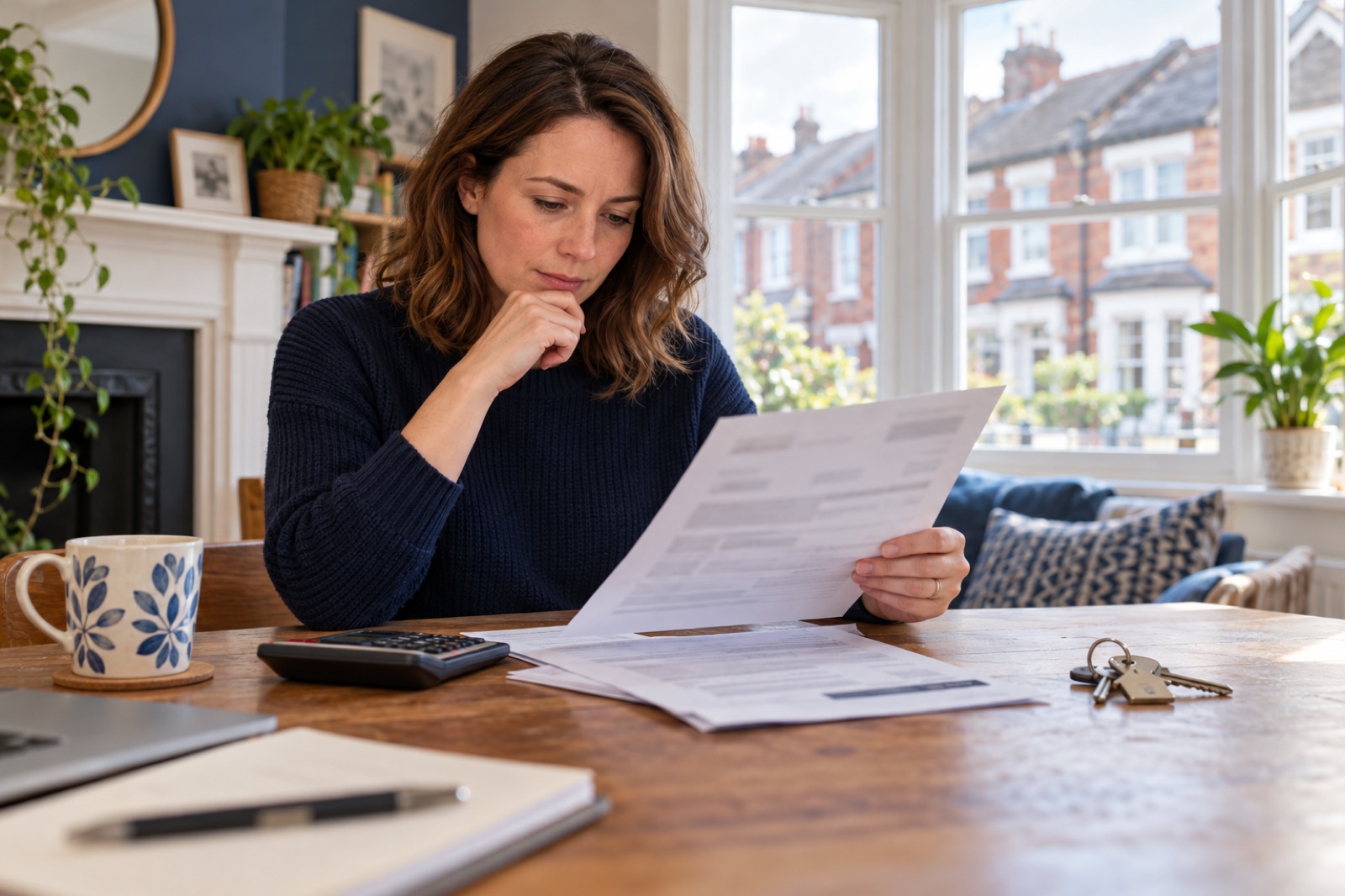 A homeowner reviewing council tax paperwork beside house keys and a calculator