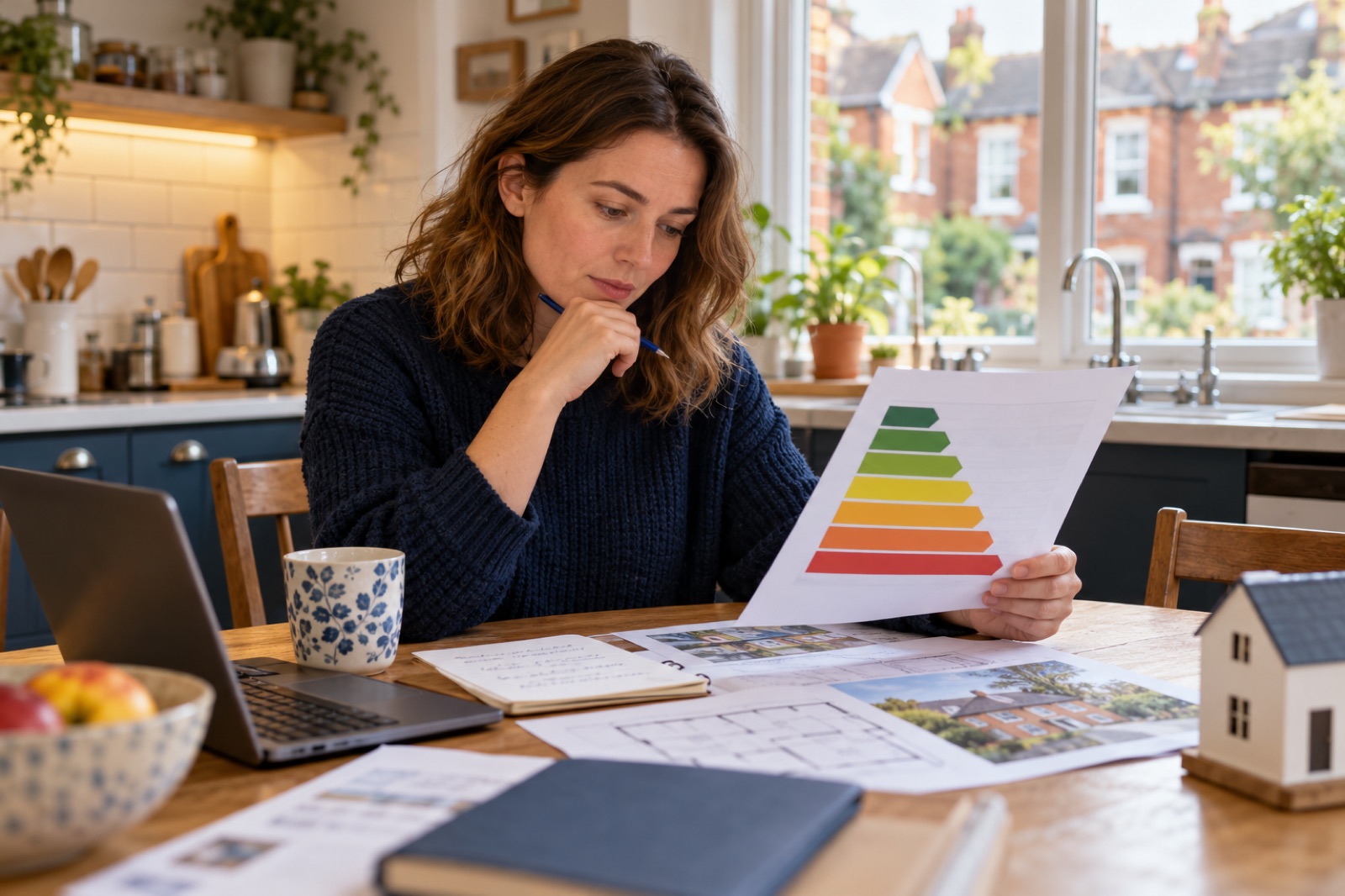 A homebuyer reviewing a colour-coded energy efficiency chart at a kitchen table