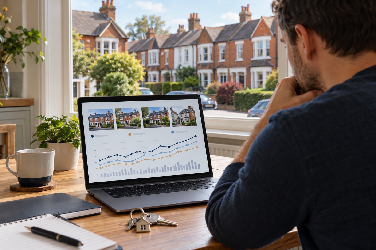 A homebuyer comparing an abstract chart of previous property sales on a laptop