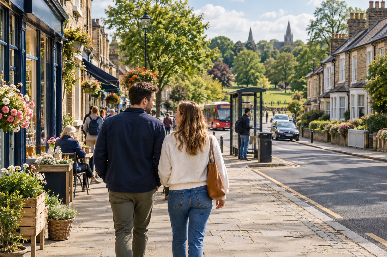 A couple exploring shops, transport and green space in a British neighbourhood