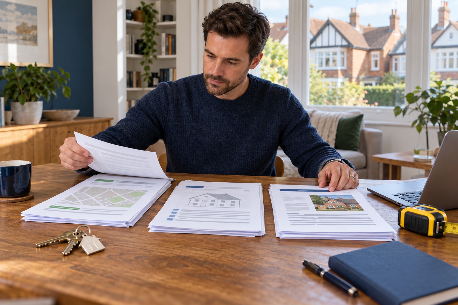 A homebuyer organising separate property search, survey and research documents